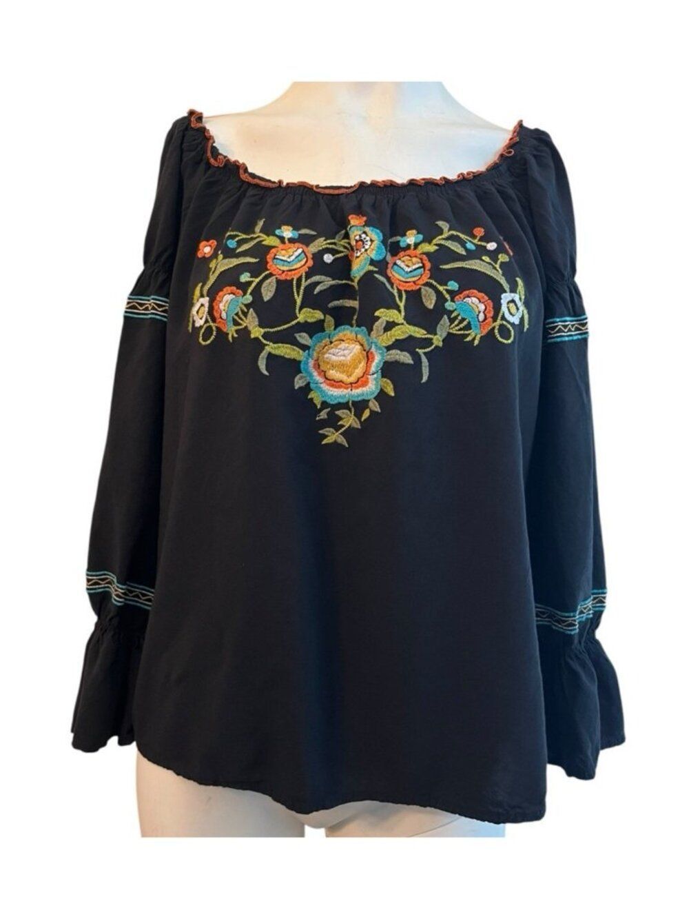 Womens PL Embroidered Black Blouse Boho Travel Casual Large Sleeve Off Shoulder